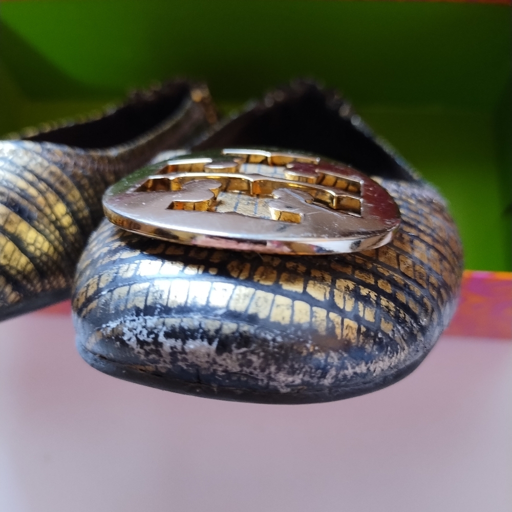 Tory Burch Gold/Bronze Reva Metallic Lizard Reva Ballet Flat Metal Logo Size 8.5 - Picture 7 of 15